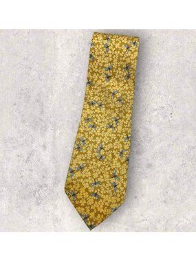 LONGCHAMP Silk Tie ITALY Brown Yellow Blue Leaf Mosquito W:3.8" EUC